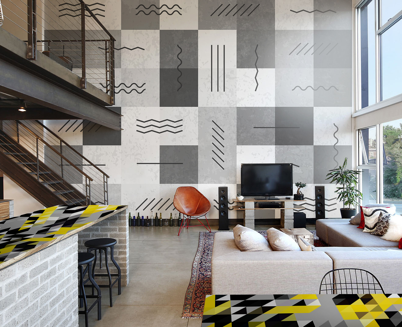 Industrial living room • Contemporary - Living room - Wall Murals - Stickers - Textures and patterns - Black and white