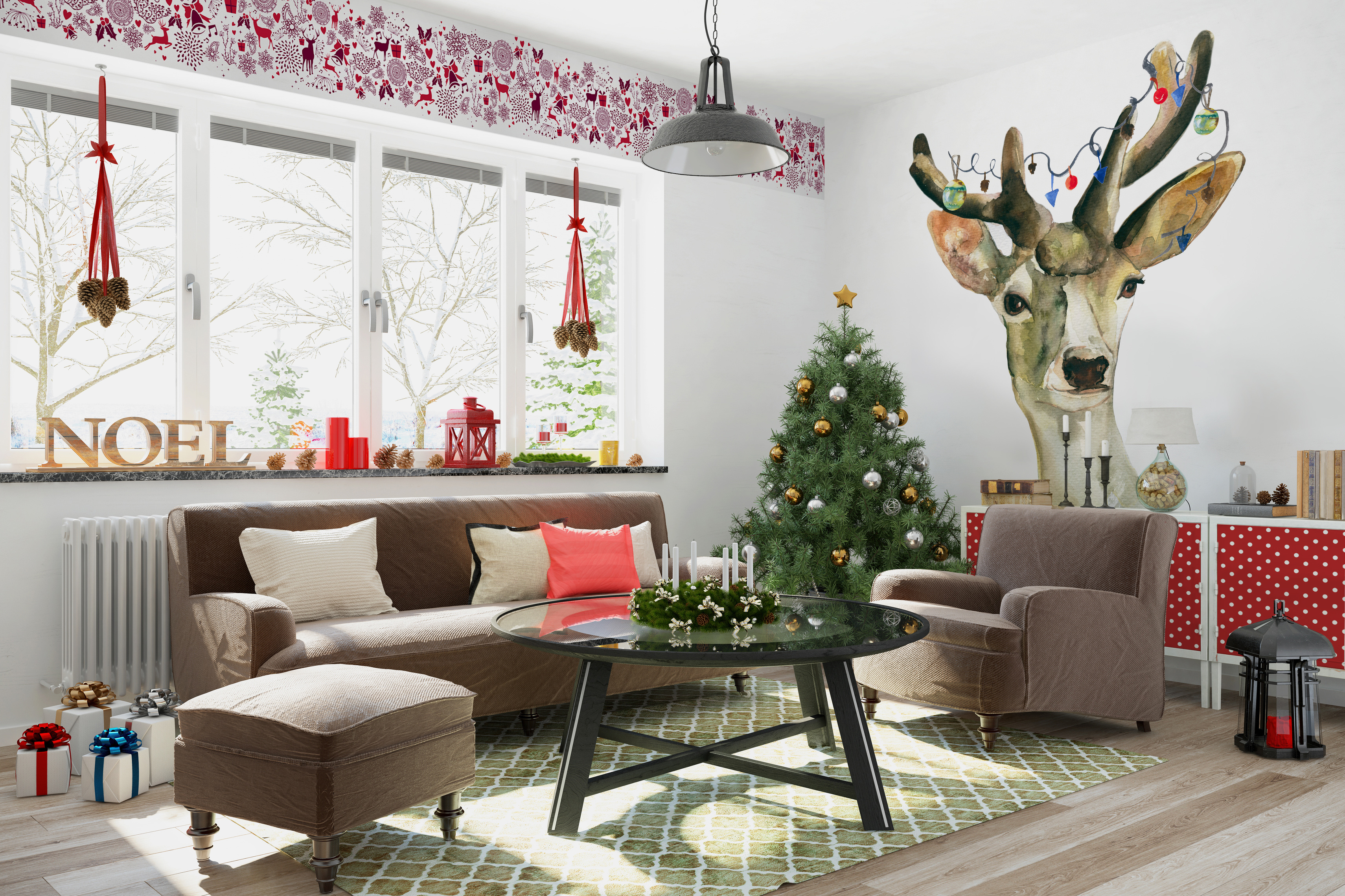 Watercolor Christmas Deer • Living room - Contemporary - Wall Murals - Stickers - Textures and patterns - Animals