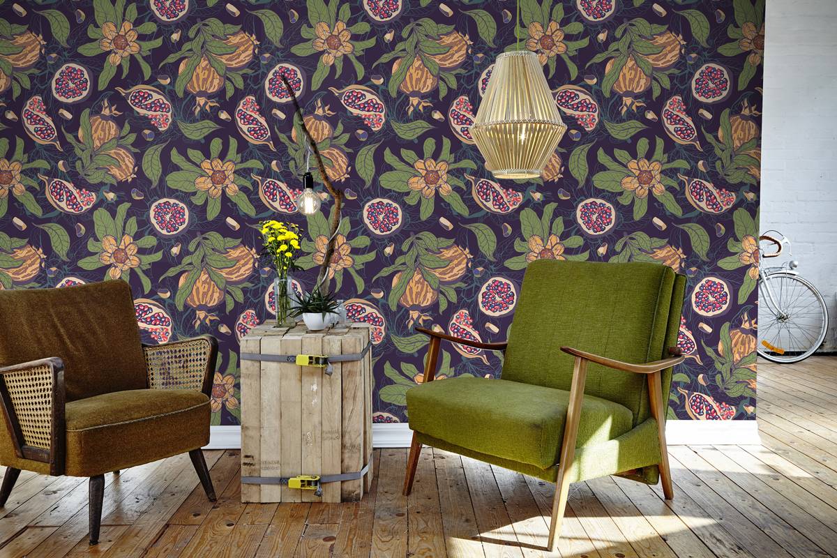 shades of green • Retro - Living room - Nature - Flowers and plants - Wall Murals