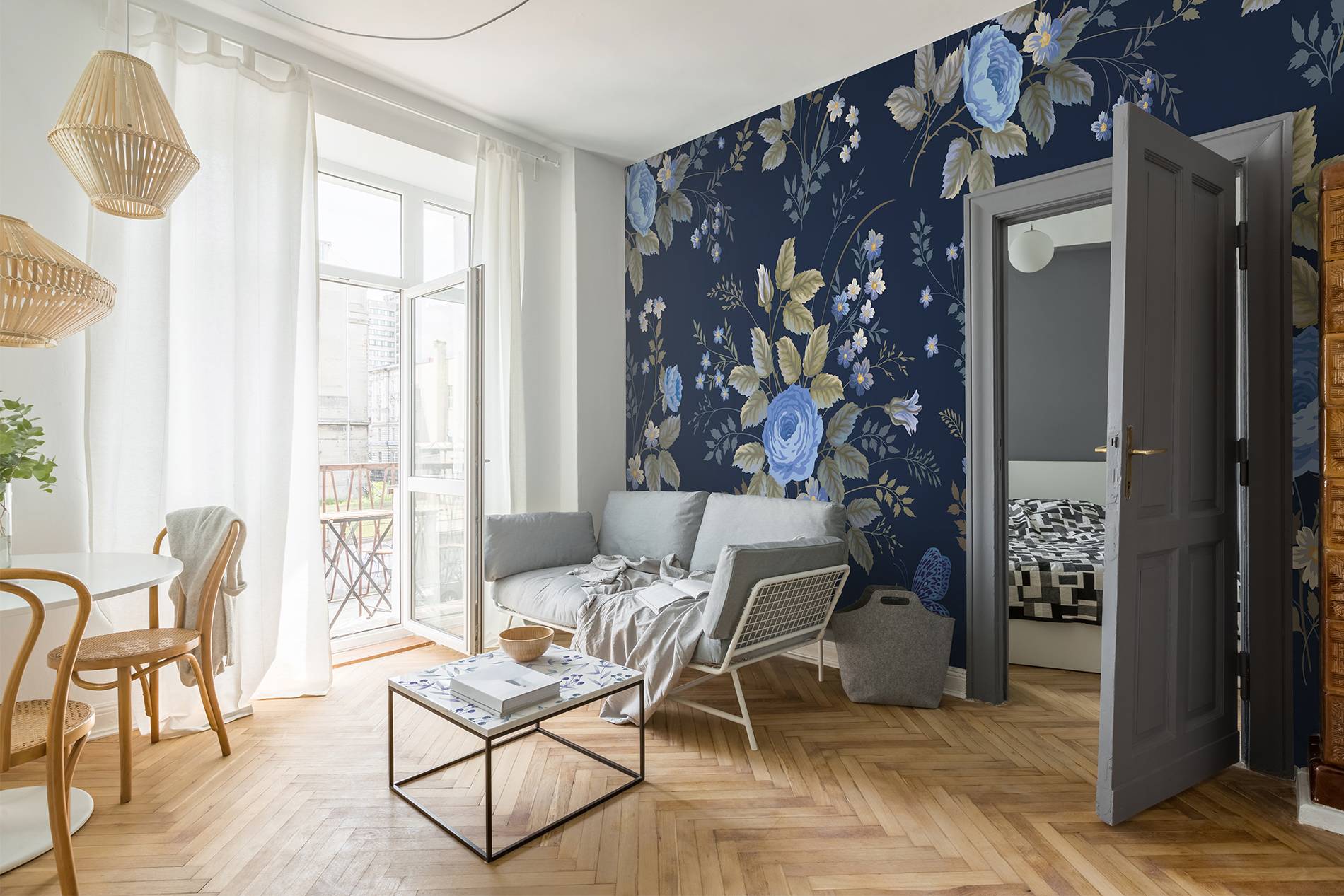 Blue flowers • Scandinavian - Living room - Nature - Wall Murals