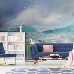 Fototapete - Meereswellen und Möwen