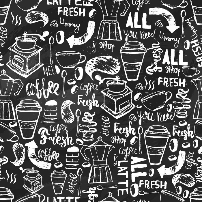 Sticker Seamless hand-drawn coffee seamless pattern. Coffee pattern with  lettering. Vector Coffee pattern on dark background for wrapping, banners.  