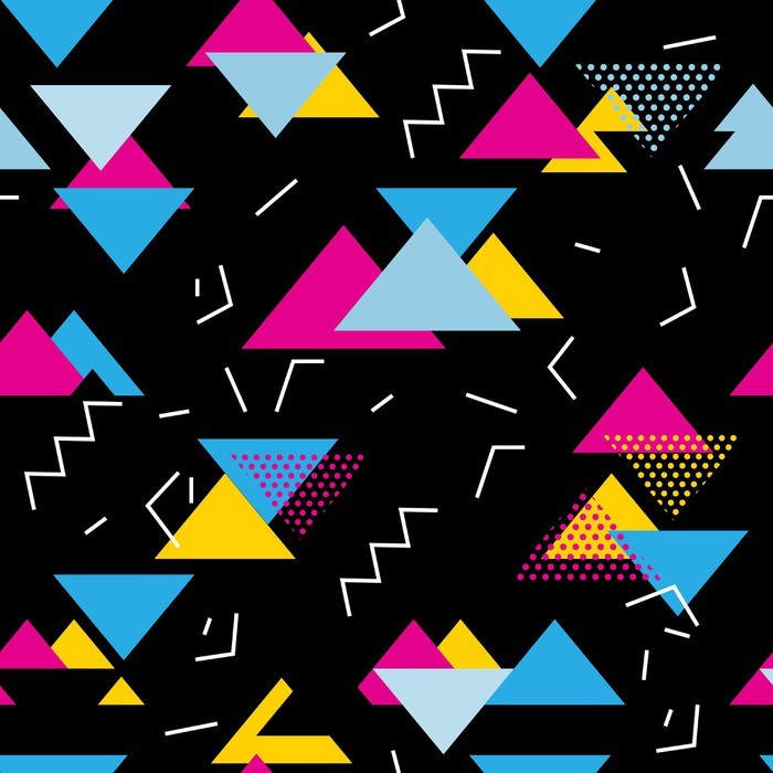 Seamless geometric pattern with magenta, blue, yellow triangles in pop ...