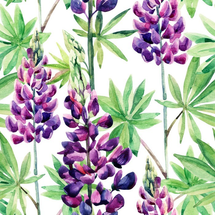 Flowers seamless pattern with watercolor lupines Self-Adhesive Wall Mural -