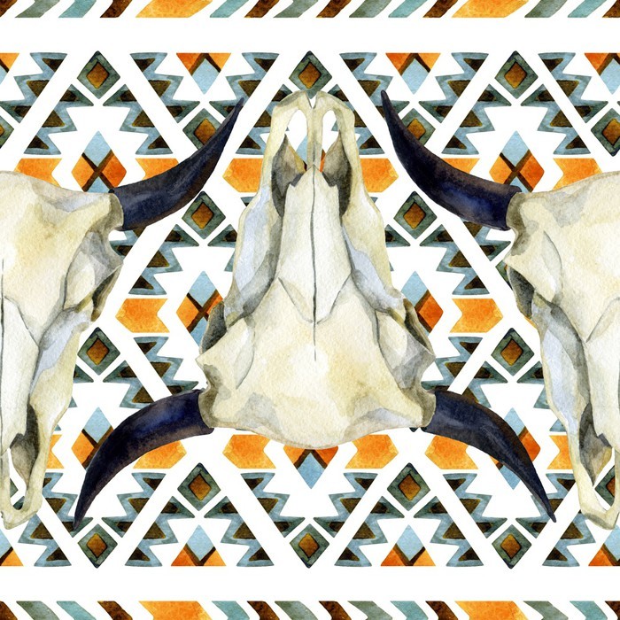 Afwasbaar Fotobehang Geometrische etnische naadloze patroon met koeschedel - Dieren
