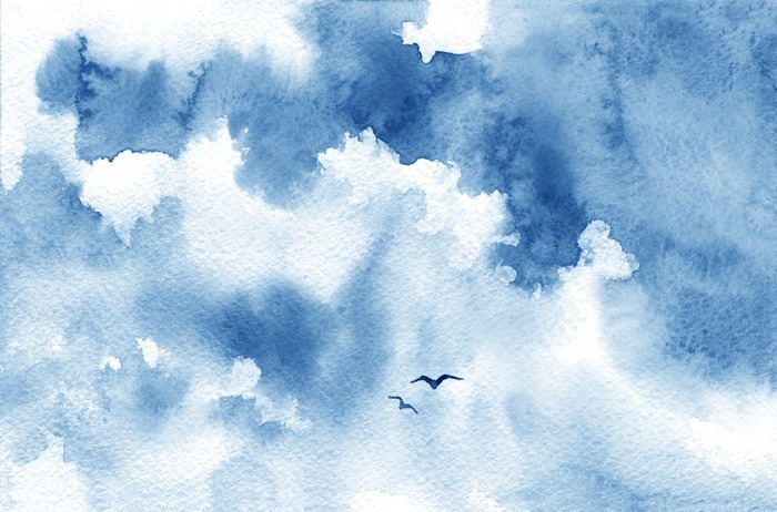 Fototapete Blaue Aquarell Wolke, Vögel und Himmel. Frühling, Sommer