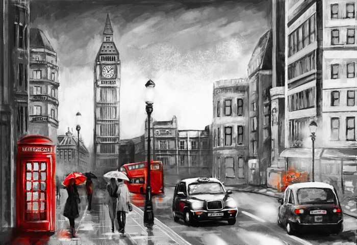 Poster Peinture à l'huile, vue de la rue de Londres en noir et