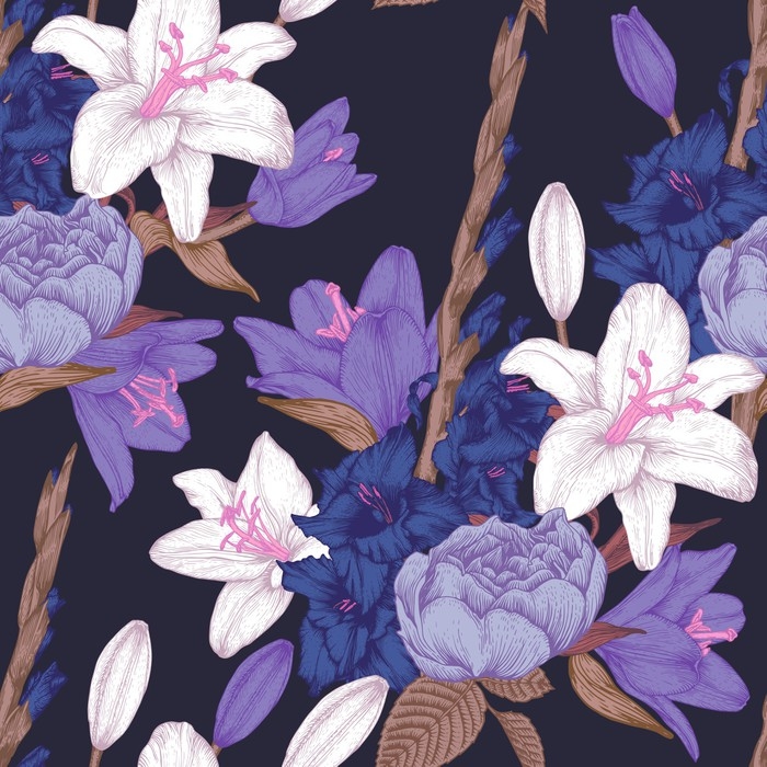 Carta da Parati in Vinile Vettore motivo floreale senza soluzione di continuità con fiori disegnati a mano gladiolo, gigli e rose in stile vintage - Piante & Fiori