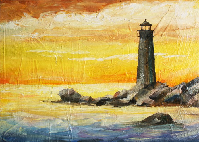 Poster Picture olio dipinto con il mare, il tramonto e faro 