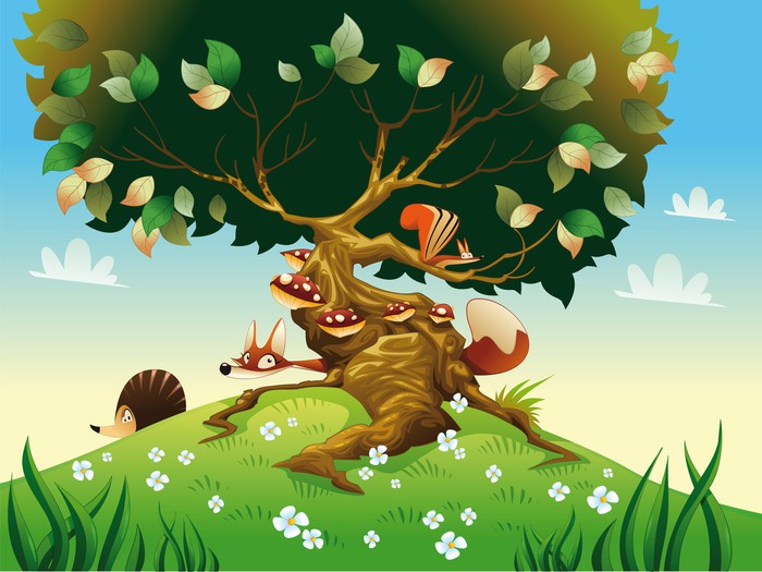 Dessin Animé Les écureuils De L'espace Sticker Paysage de dessin animé avec des animaux. Vector illustration