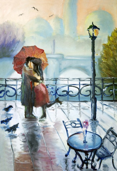 Poster Couple d'amoureux se cachent de la pluie sous un parapluie