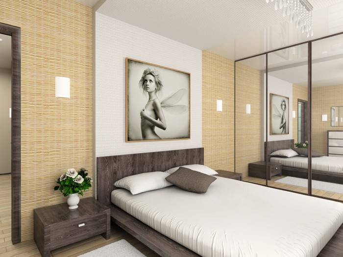 Cornici di poster simulate sopra il letto nell'interno di una camera da  letto moderna render 3d