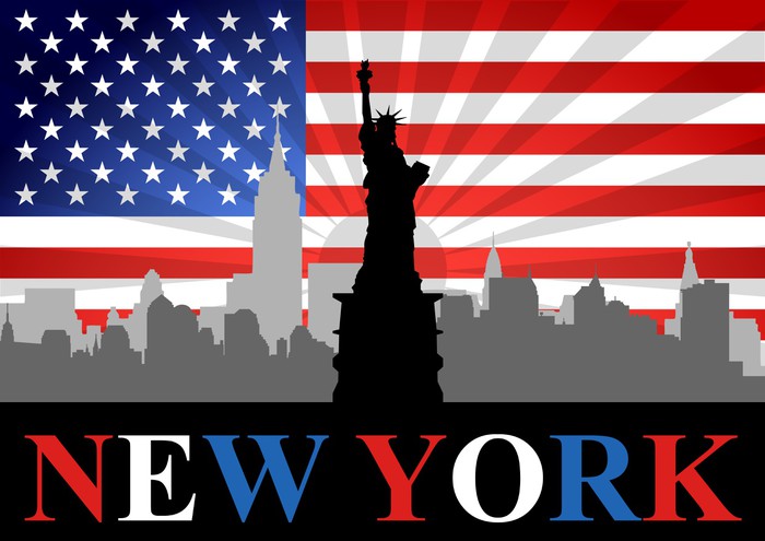 Fototapete Freiheitsstatue mit New York City und USA-Flagge als