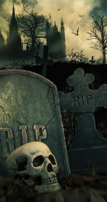 Fototapete Nacht-Szene auf dem Friedhof mit Totenkopf und Gräber