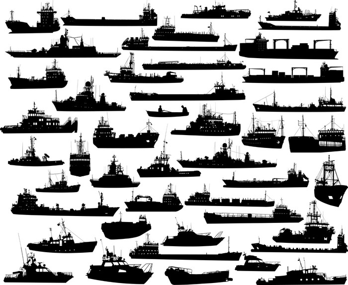 Fotomural Conjunto de 45 siluetas de remolcador mar, barco de guerra y
