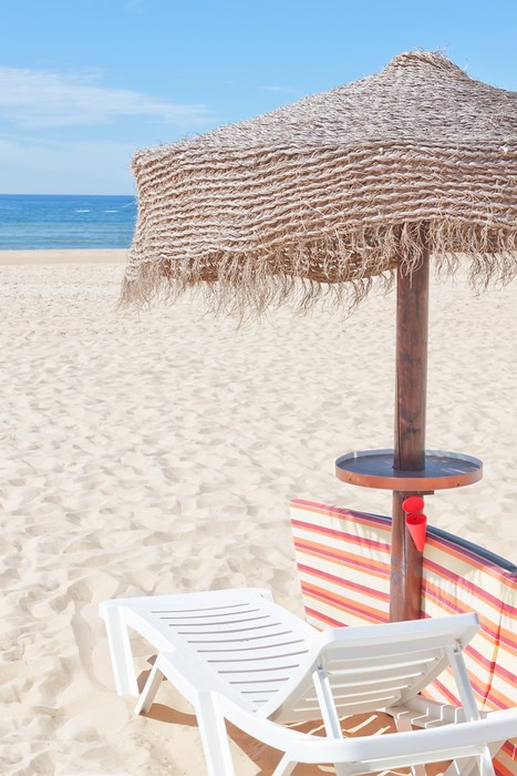 Wooden Beach Umbrella And Sun Bed On The For Holidays Wooden Beach Umbrella And Sun Bed On The For Holidays Vinyl Wall Mural