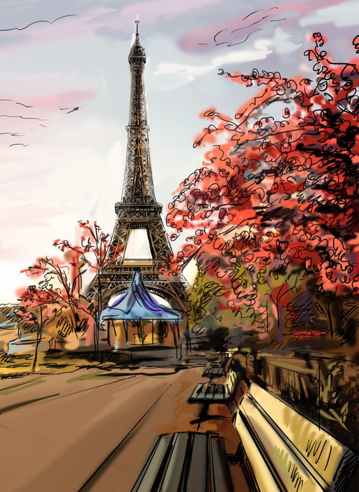 Street in paris. Eiffel tower - illustration Wall Mural ...