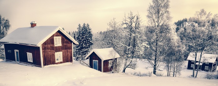 Old Rural Cottages In A Snowy Winter Landscape Sweden Vinyl Wall Mural