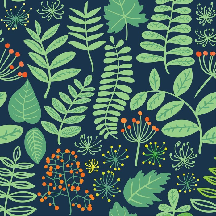 Forest seamless colorful pattern background leafs and berries dark vector Self-Adhesive Wall Mural - 