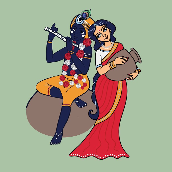 Wall Mural Cartoon Hindu gods Krishna and Radha. Lord Krishna playing on flute. Shrimati Radharani with pot in red sari. Wall Mural Cartoon Hindu gods Krishna and Radha. Lord Krishna playing on flute. Shrimati Radharani with pot in red sari.